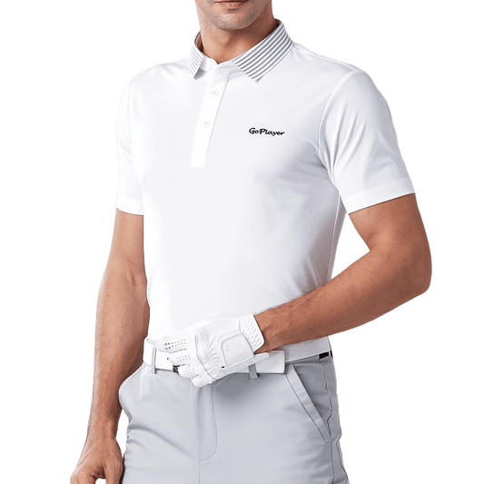 GoPlayer Men's Elastic Quick Dry Short Sleeve Top (White Striped Collar)