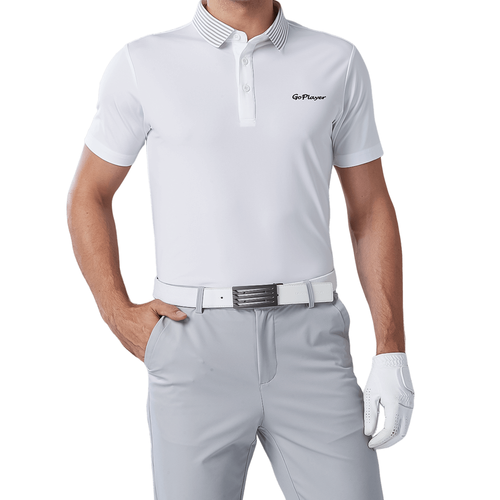 GoPlayer Men's Elastic Quick Dry Short Sleeve Top (White Striped Collar)