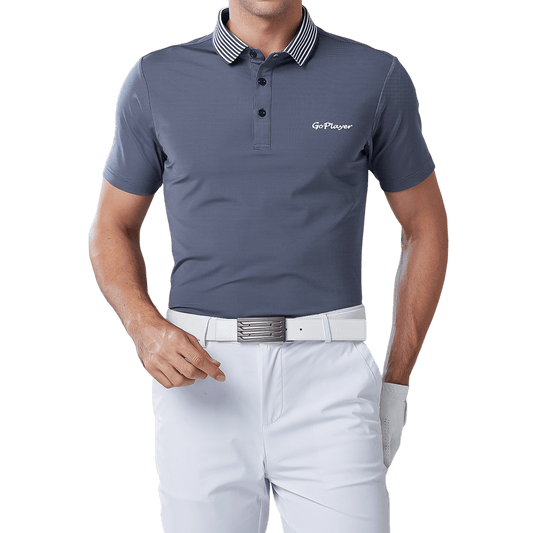 GoPlayer Men's Elastic Quick Dry Short Sleeve Top (Striped Collar Gray)