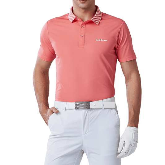 GoPlayer Men's Elastic Quick Dry Short Sleeve Top (Striped Collar Orange)