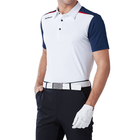 GoPlayer Men's Elastic Quick Dry Short Sleeve Top (White Body Blue Sleeves)