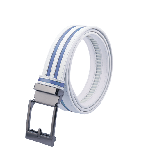 GoPlayer wide automatic buckle belt (white leather with double light blue stripes)