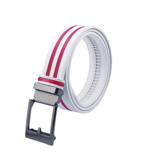 GoPlayer wide automatic buckle belt (white leather with double red stripes)
