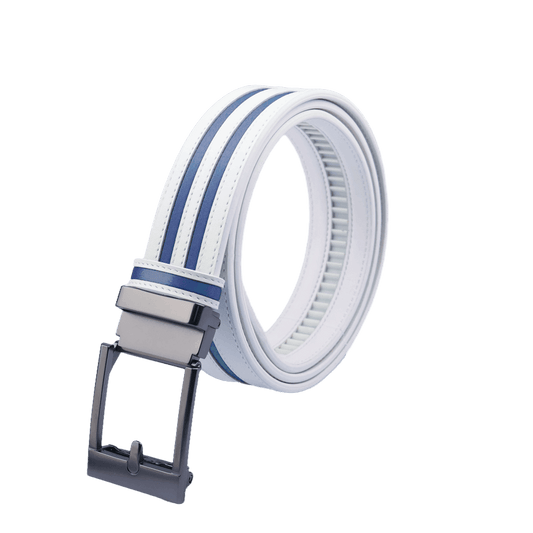 GoPlayer wide automatic buckle belt (white leather with double dark blue stripes)