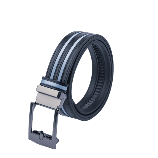 GoPlayer wide automatic buckle belt (black leather with double light blue stripes)