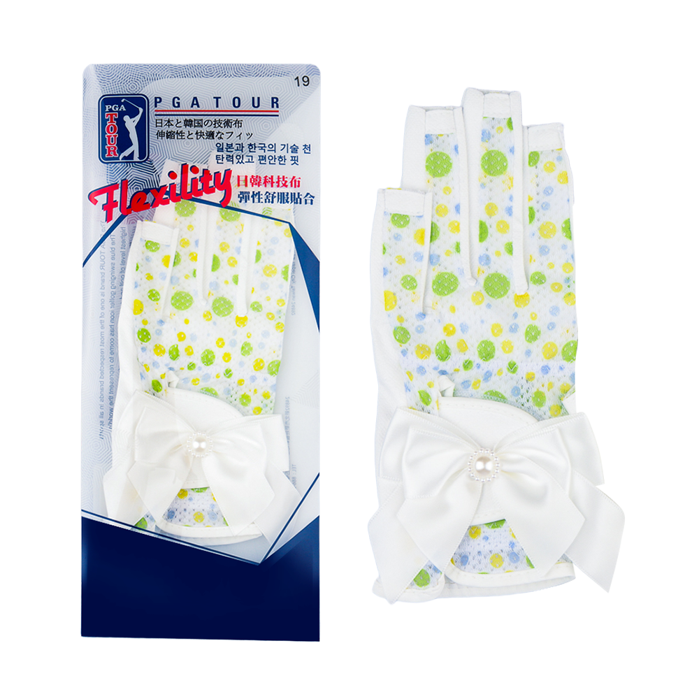 PGA TOUR女高爾夫露指蝴蝶結手套(白綠)