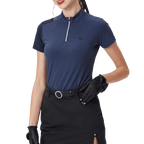 GoPlayer レディース スタンドカラー ゴルフ 半袖Tシャツ (ネイビーブルー)