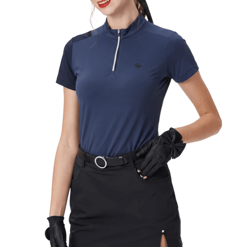 GoPlayer Women's Stand Collar Golf Short-Sleeve T-Shirt (Navy Blue)