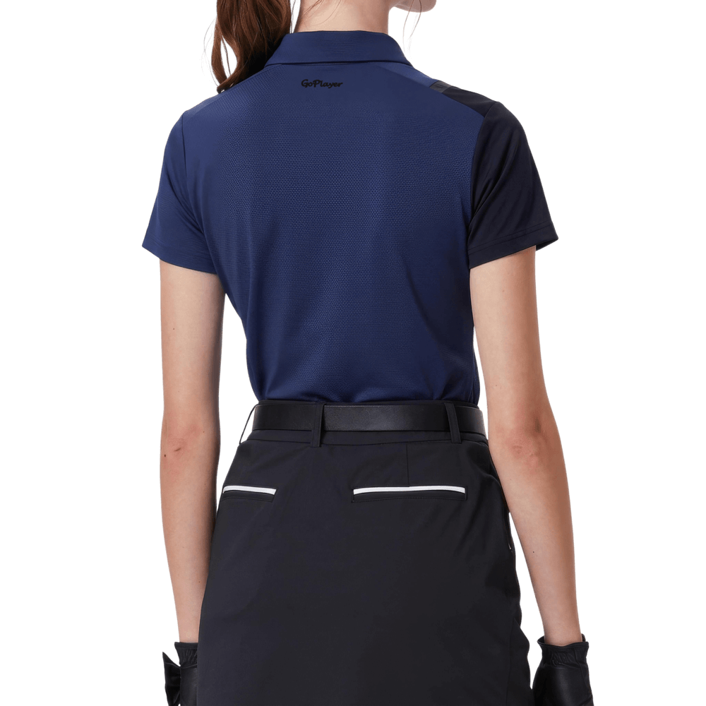 GoPlayer レディース スタンドカラー ゴルフ 半袖Tシャツ (ネイビーブルー)