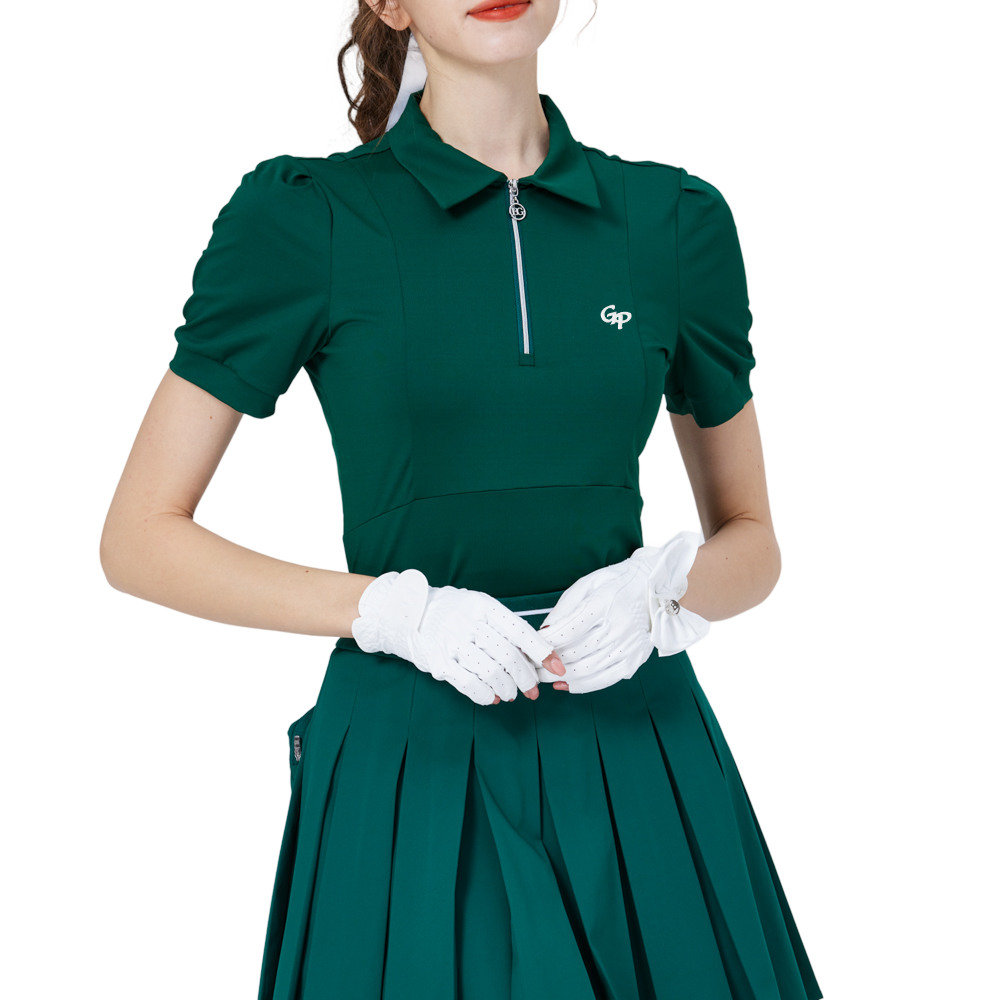 拉鍊翻領女短袖上衣(墨綠)