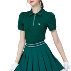 拉鍊翻領女短袖上衣(墨綠)