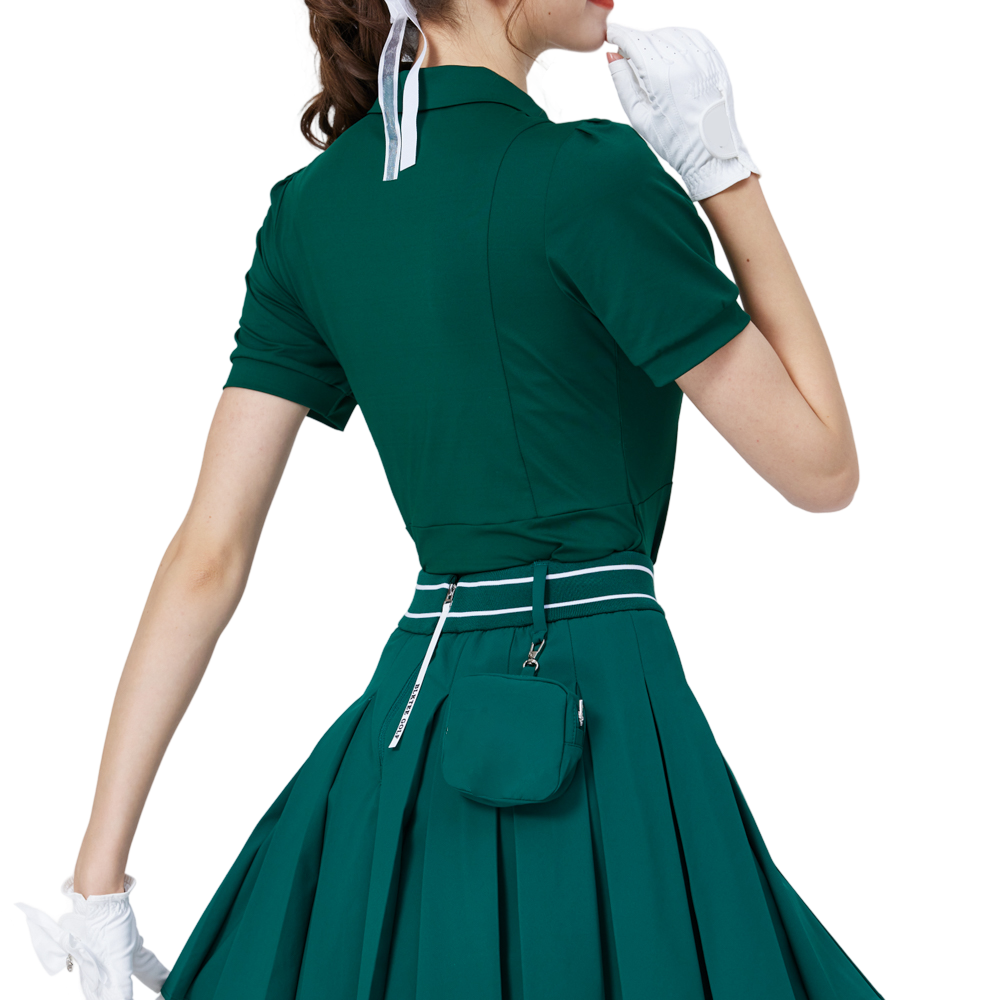 拉鍊翻領女短袖上衣(墨綠)