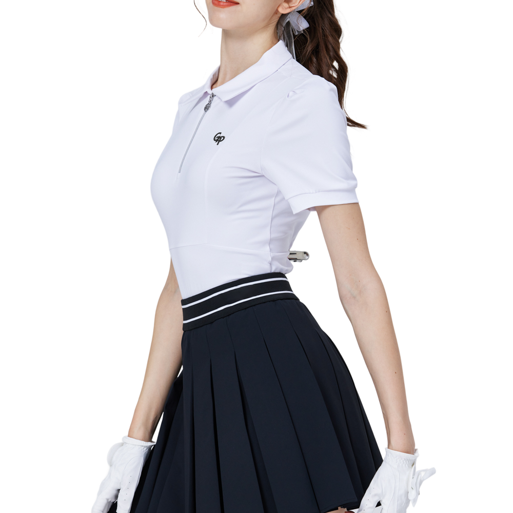 拉鍊翻領女短袖上衣(白)