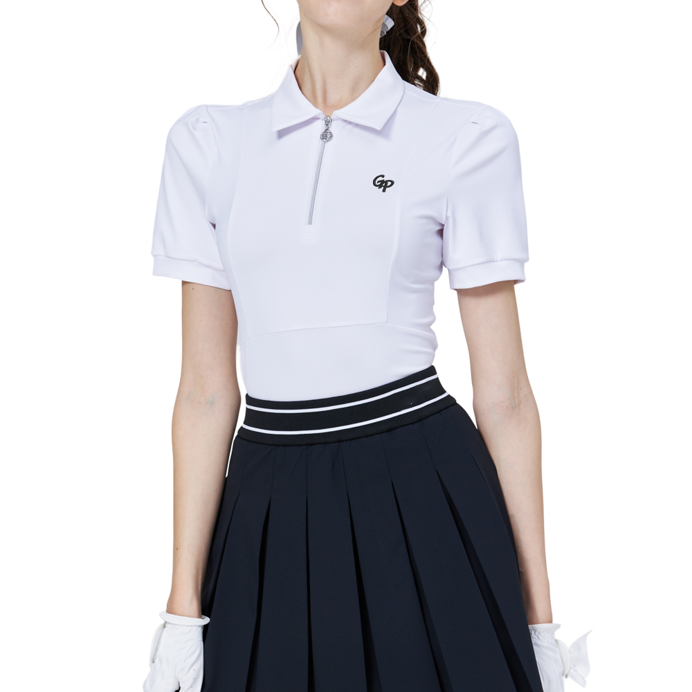 拉鍊翻領女短袖上衣(白)