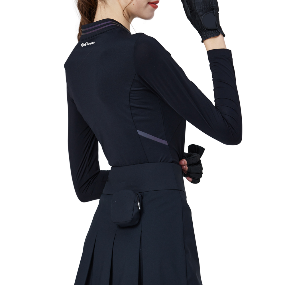 涼感小立領冰絲防曬連袖女上衣(黑)