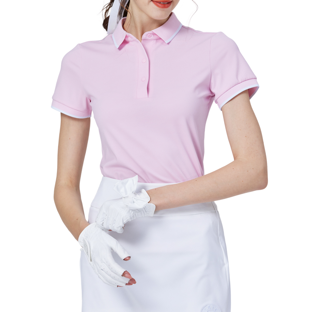 菱格緹花螺紋領女短袖上衣(粉紅)