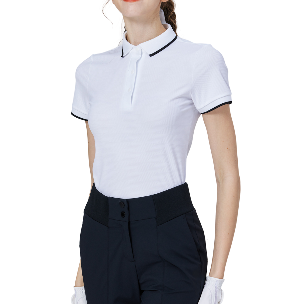 菱格緹花螺紋領女短袖上衣(白)