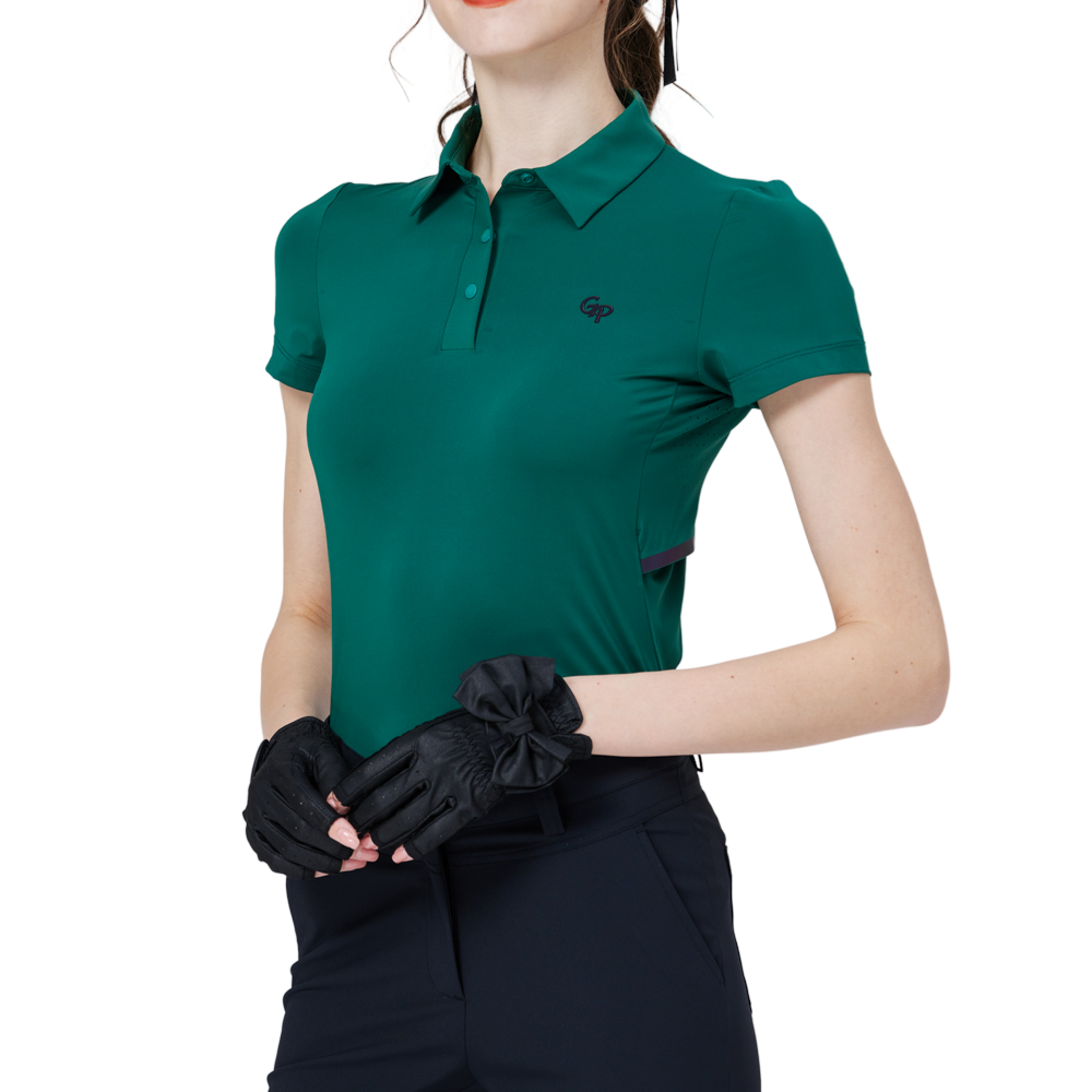 涼感冲孔透氣翻領女短袖上衣(墨綠)