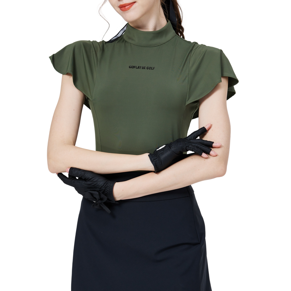 波浪袖立領女短袖上衣(軍綠)