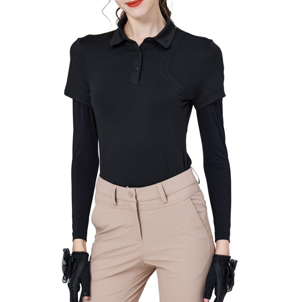 燙珠翻領絲光連袖短袖女上衣(黑)