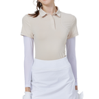 燙珠翻領絲光連袖短袖女上衣(卡其)
