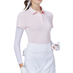 燙珠翻領絲光連袖短袖女上衣(粉紅)