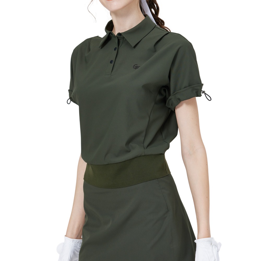 休閑長版寬鬆女短袖上衣(軍綠)