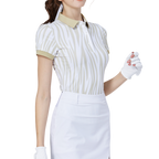 彩條翻領女短袖上衣(卡其)