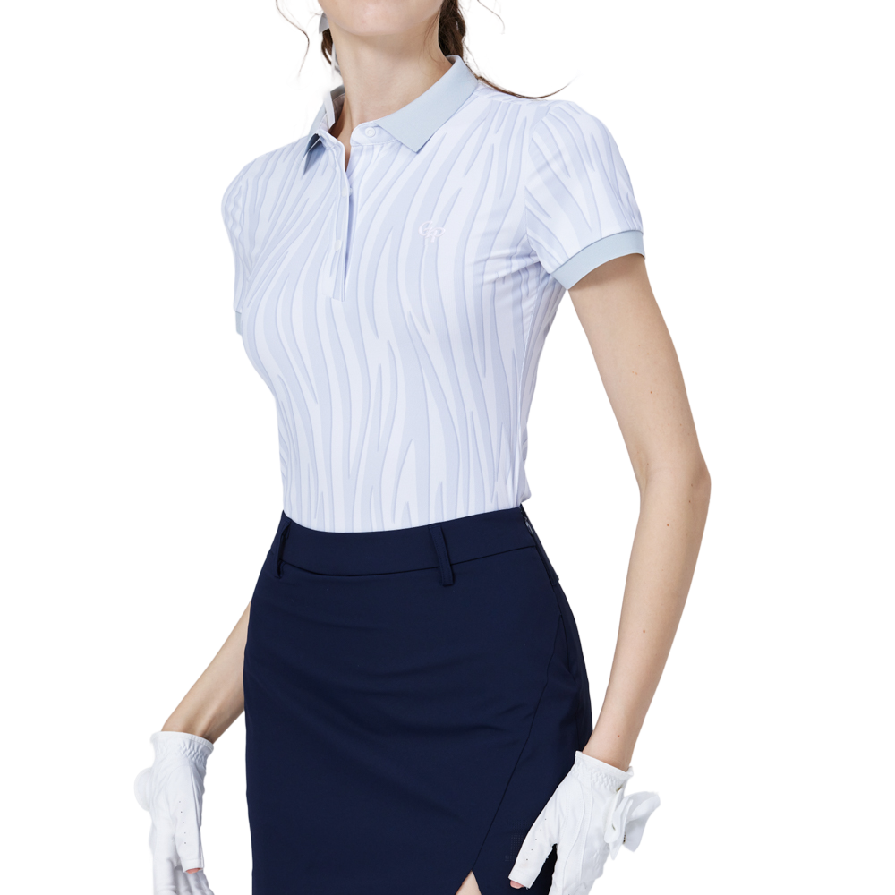 彩條翻領女短袖上衣(淺灰)