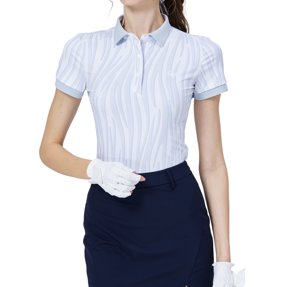 彩條翻領女短袖上衣(淺灰)