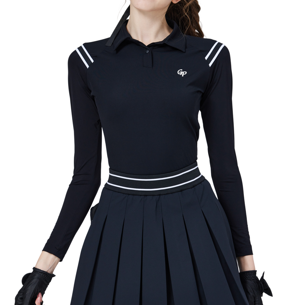 肩拼綫條防曬冰絲袖女上衣(黑)