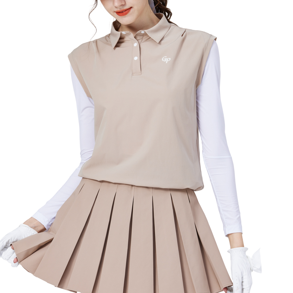 寬鬆版假兩件涼感女連袖無袖衣(卡其)