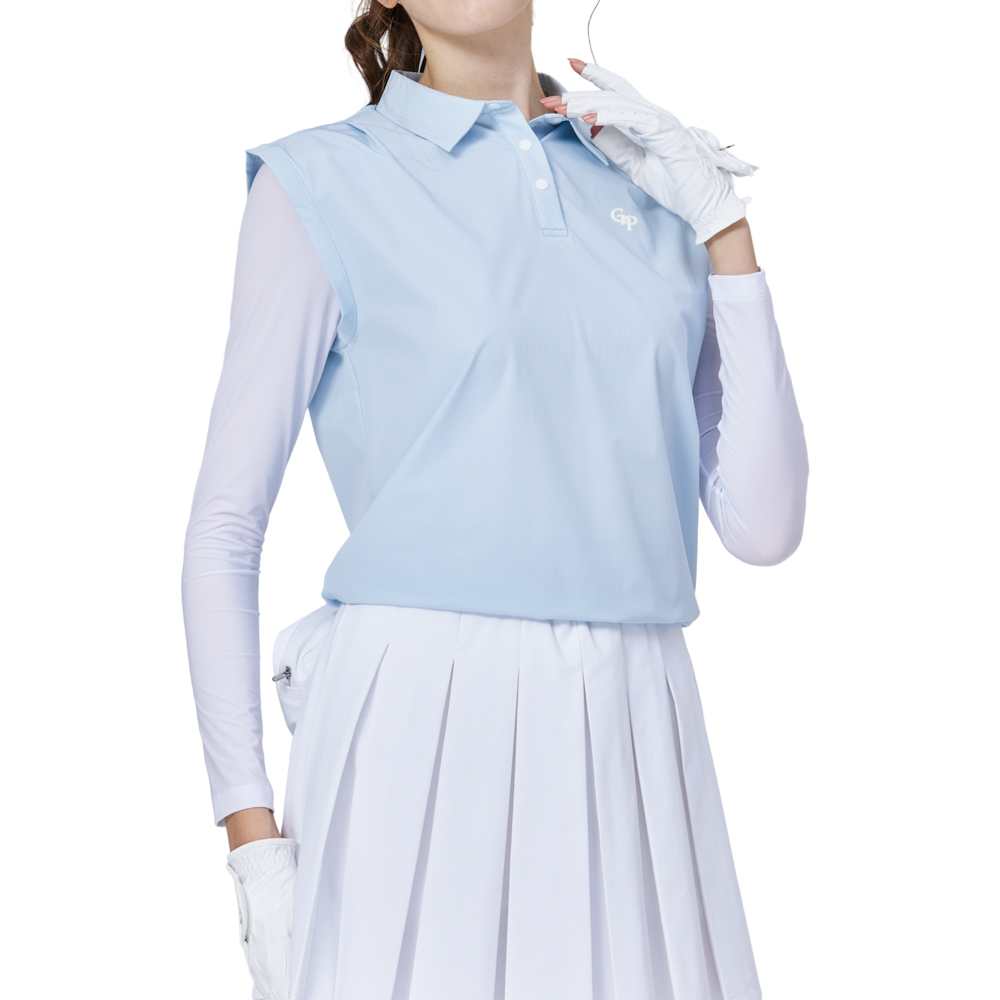 寬鬆版假兩件涼感女連袖無袖衣(淺藍)