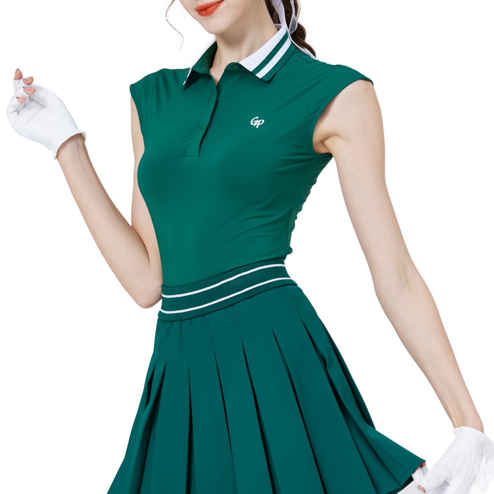 涼感收腰學院領女無袖上衣(墨綠)