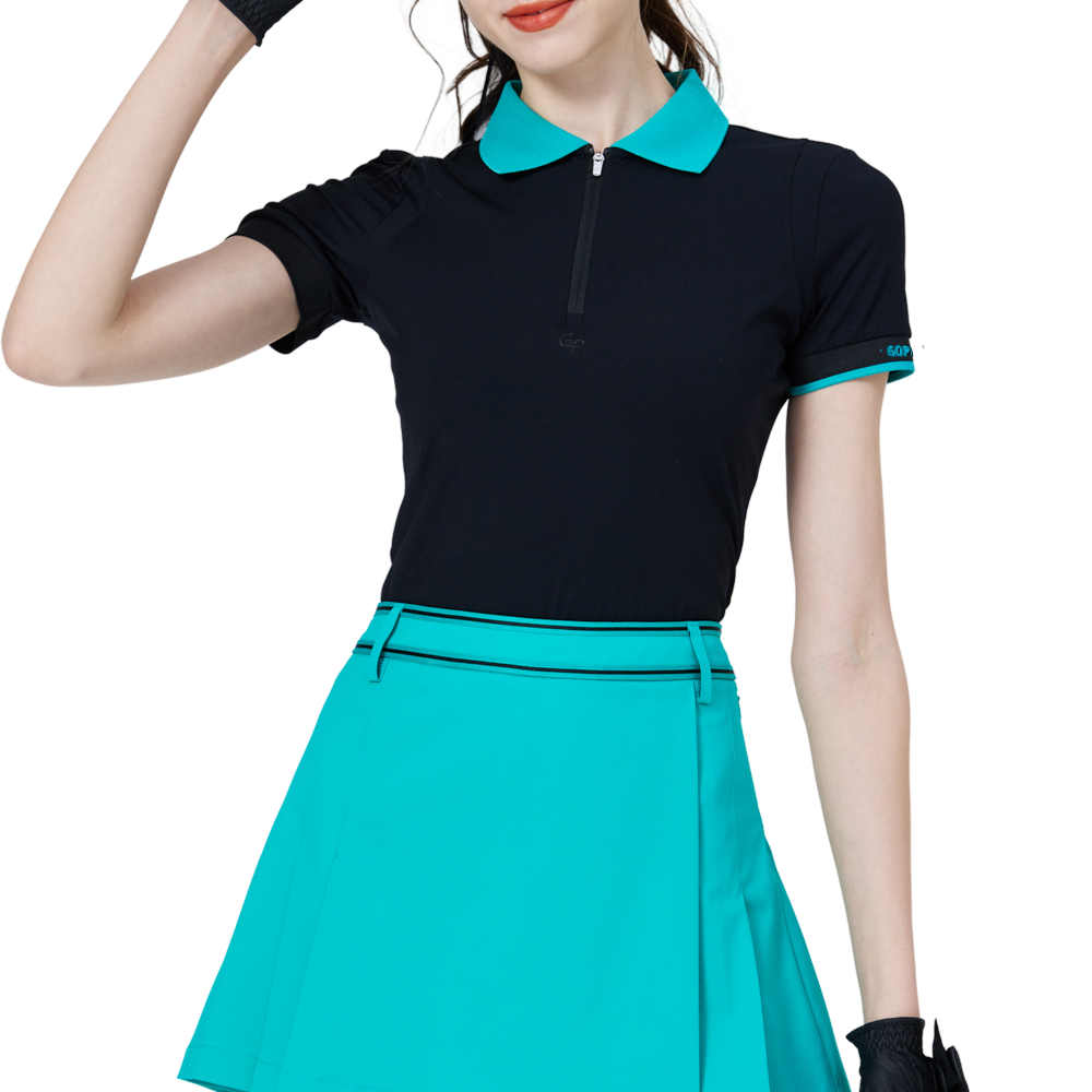 撞色領女短袖上衣(黑)