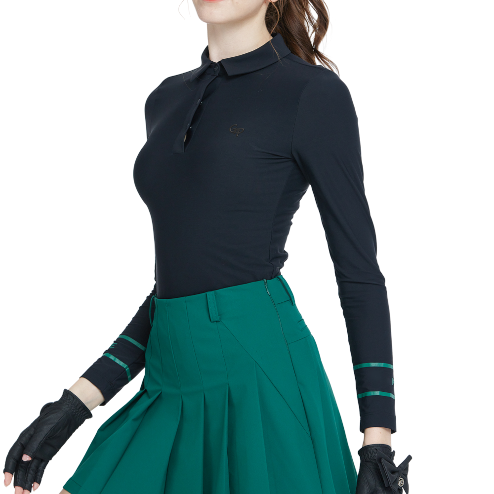 Black brushed fleece long-sleeved top with turn-down collar
