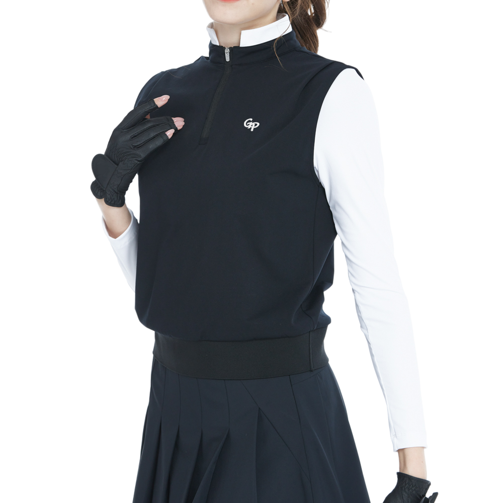 Stand-up collar, fitted waist, long-sleeved vest (black)