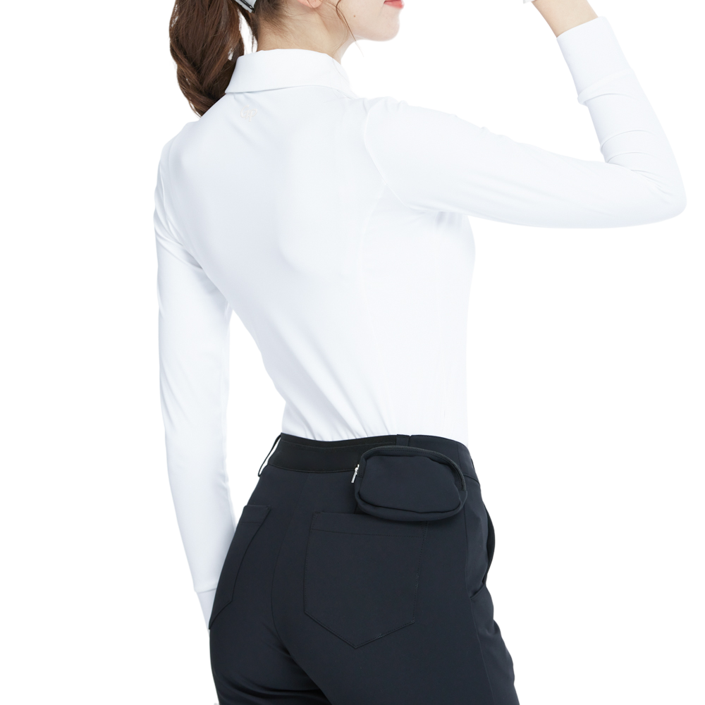 White long-sleeved collared top with rhinestone embellishments.