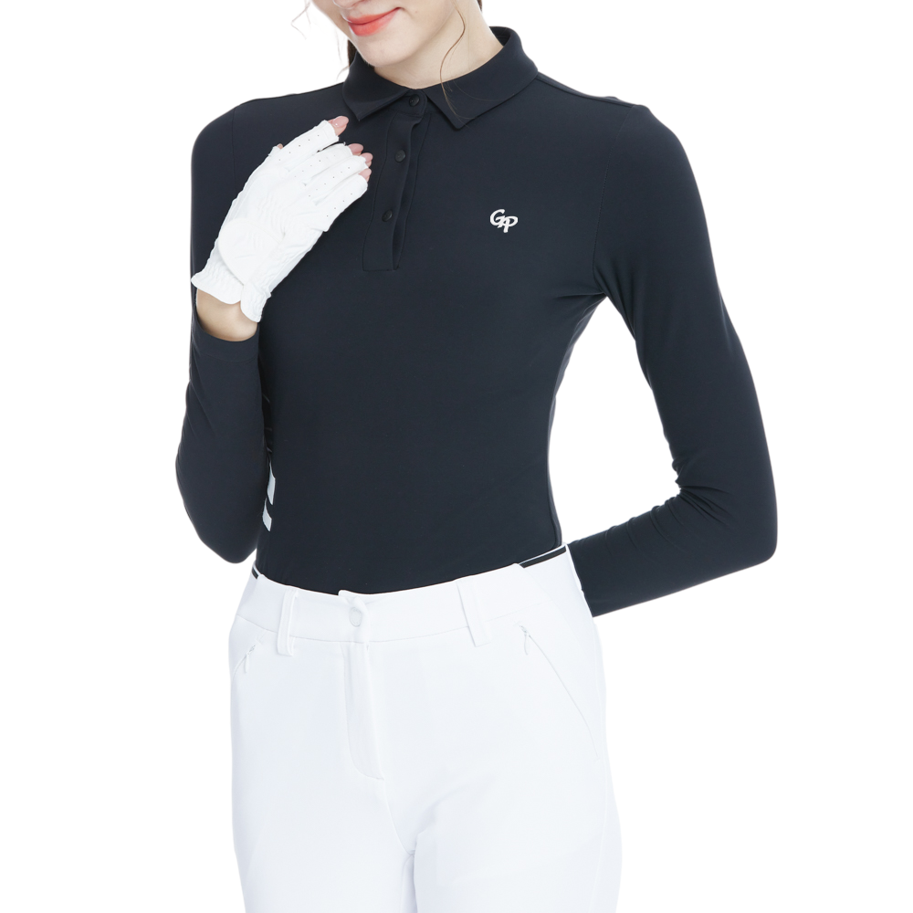 Collared, fitted waist, long-sleeved top (black)