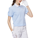 Women's short-sleeved top with gathered cuffs and collar