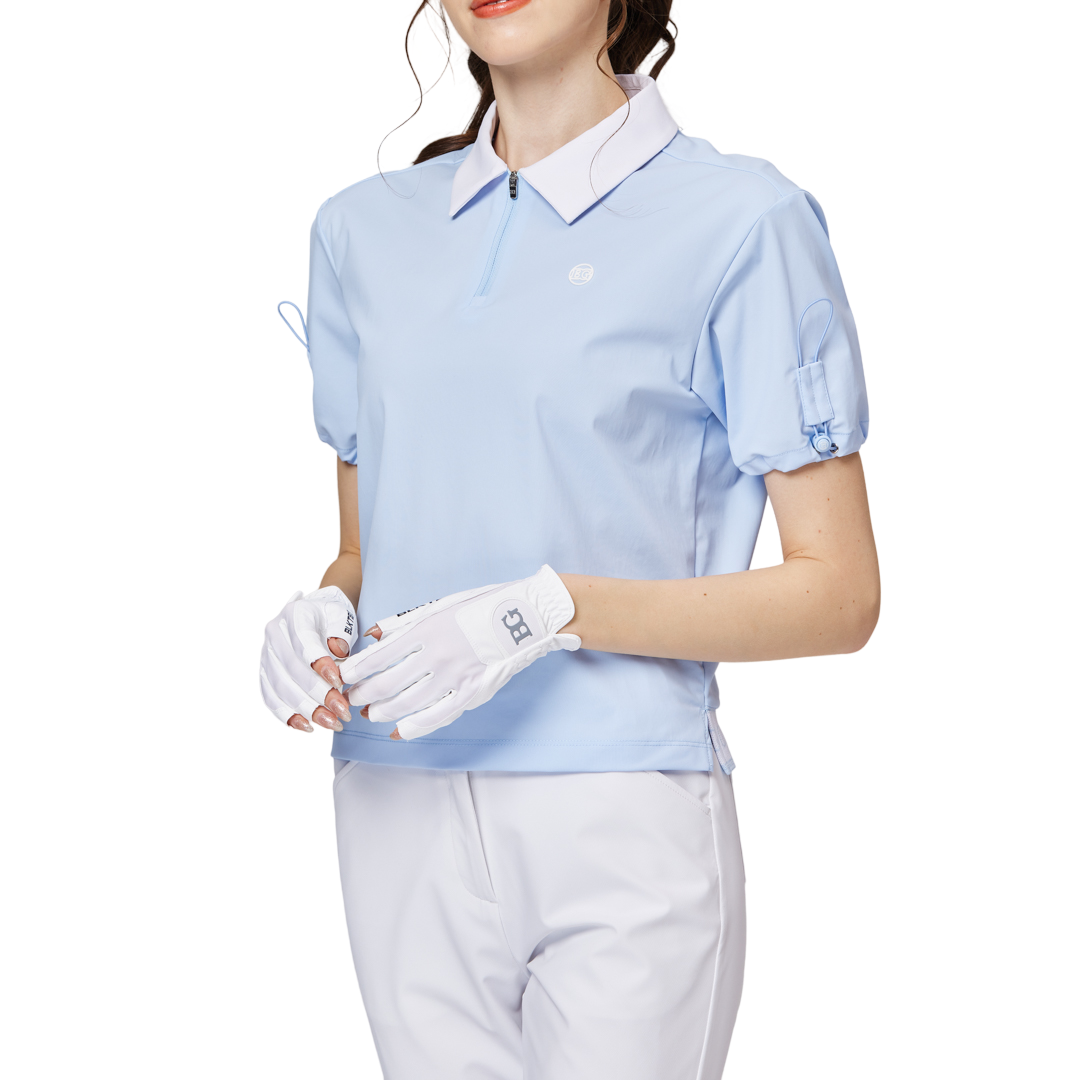 Women's short-sleeved top with gathered cuffs and collar