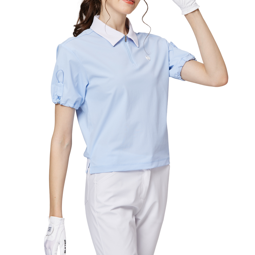 Women's short-sleeved top with gathered cuffs and collar