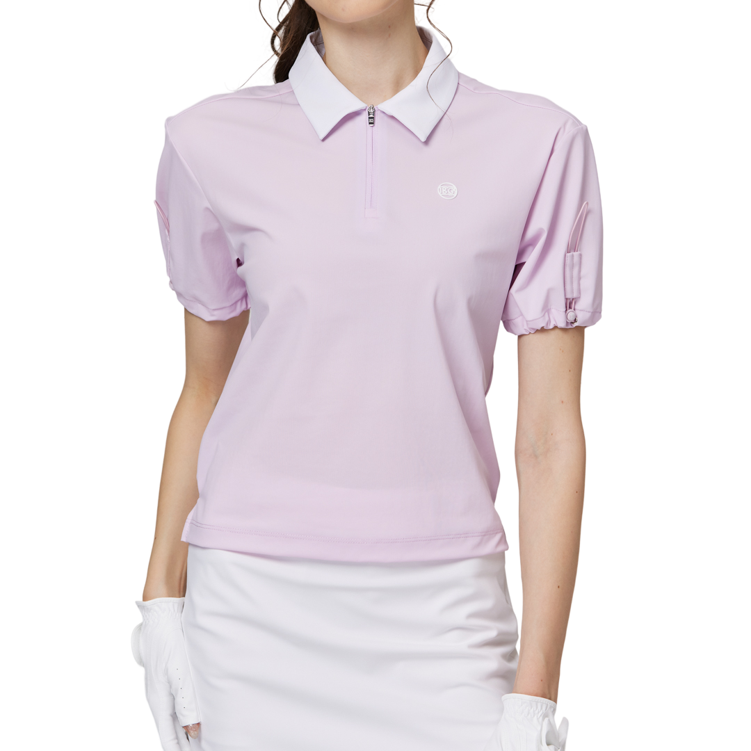 Women's short-sleeved top with gathered cuffs and collar