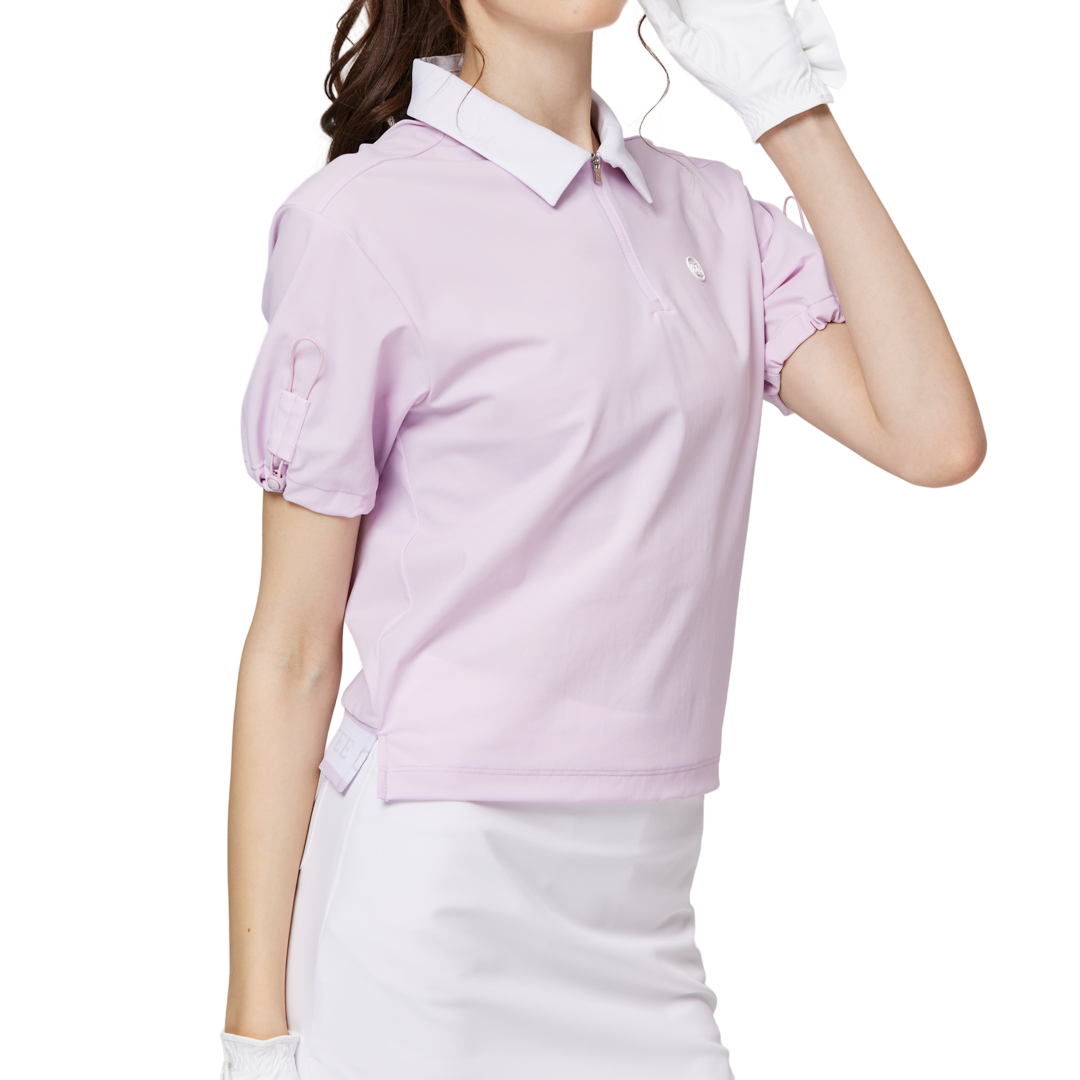 Women's short-sleeved top with gathered cuffs and collar