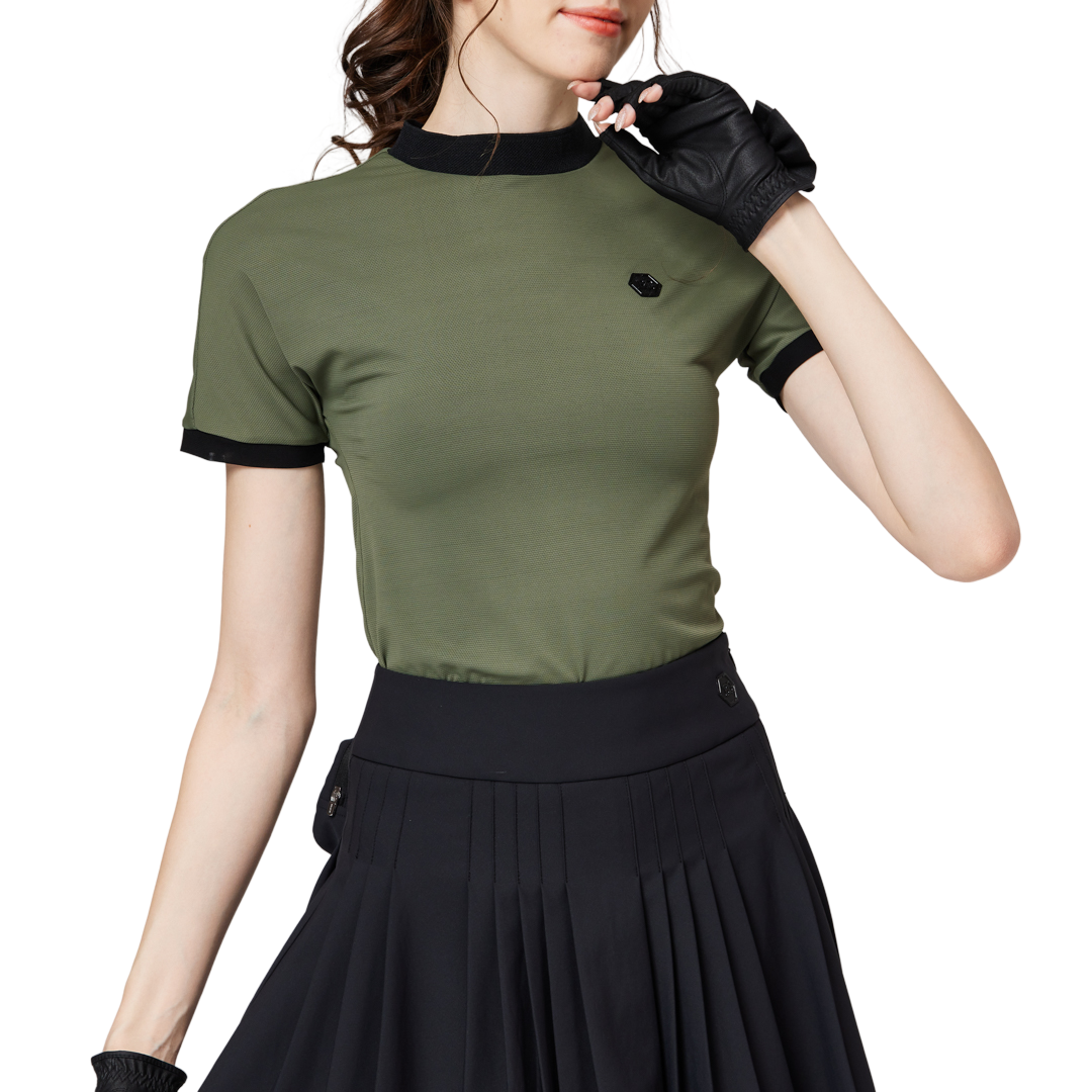 Beaded high-elastic stand-up collar women's short-sleeved top