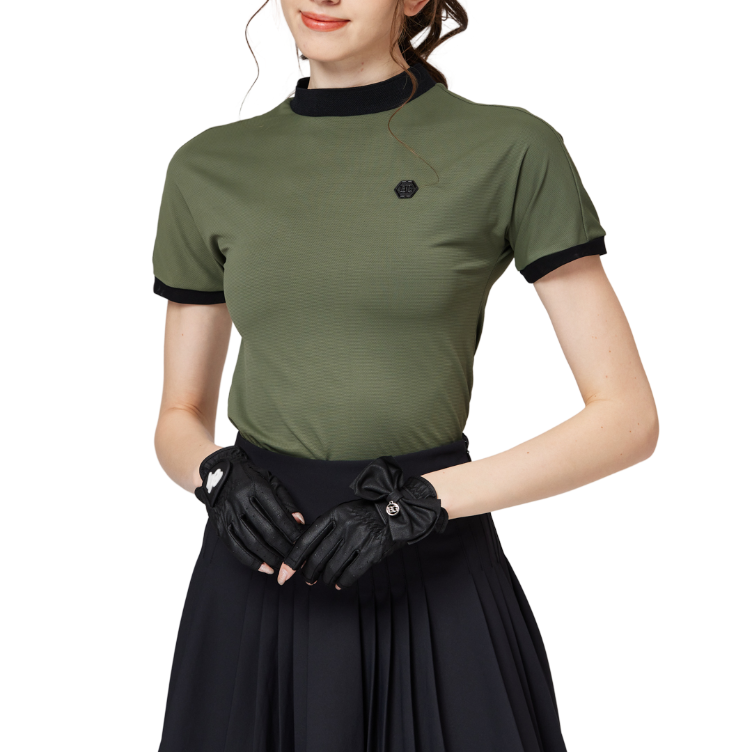 Beaded high-elastic stand-up collar women's short-sleeved top