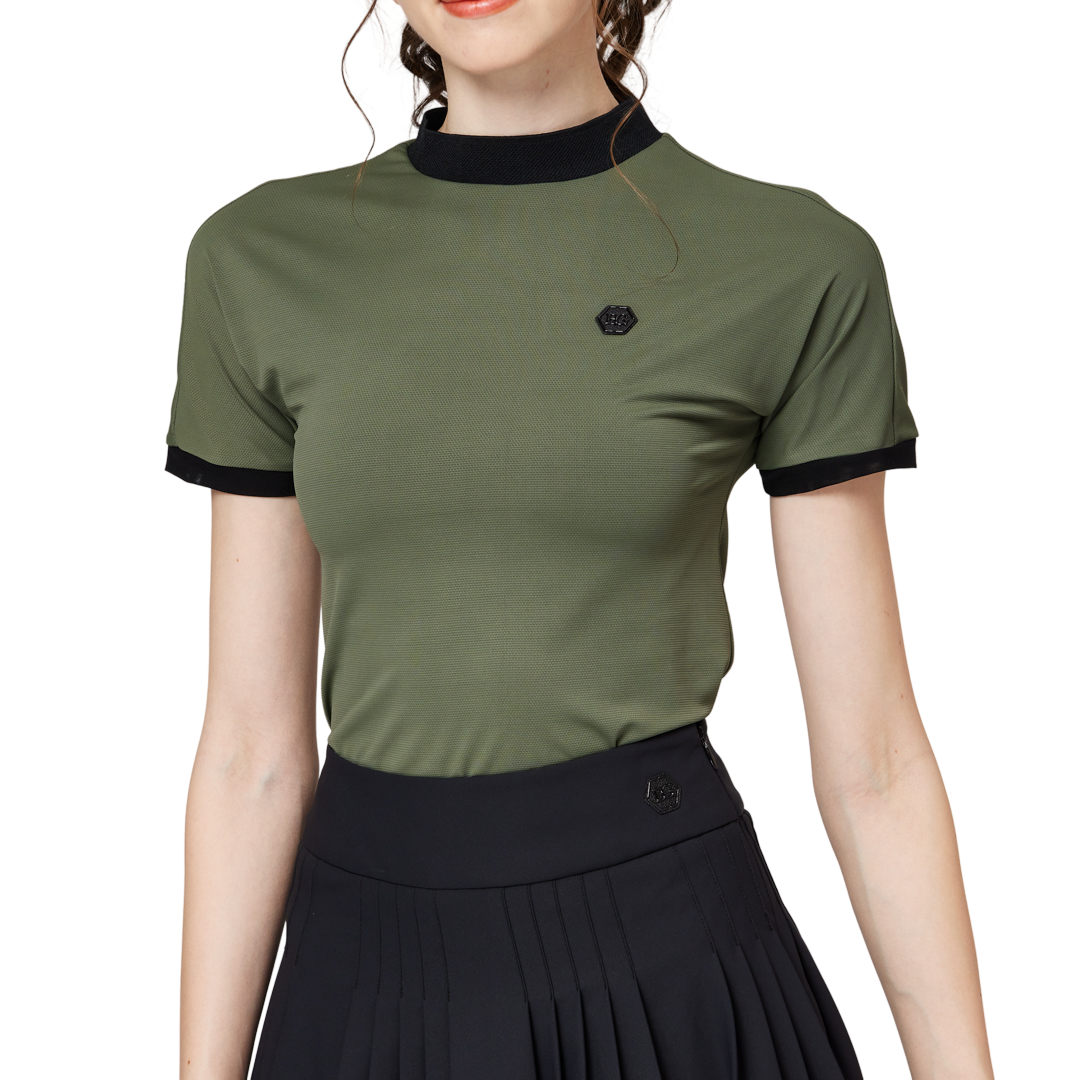 Beaded high-elastic stand-up collar women's short-sleeved top