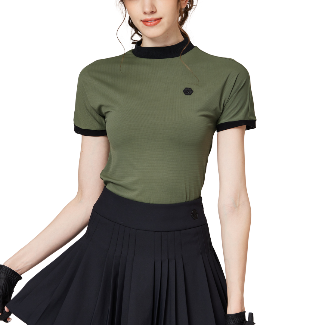 Beaded high-elastic stand-up collar women's short-sleeved top