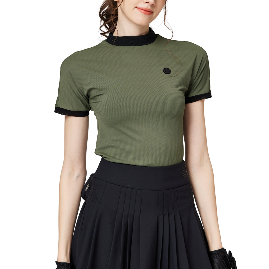 Beaded high-elastic stand-up collar women's short-sleeved top