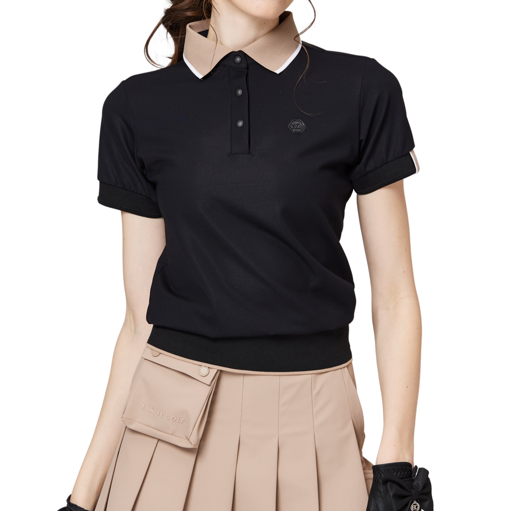 Loose-fitting ribbed hem collared short-sleeved top for women